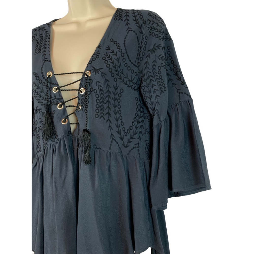 Flowers Of Romance Womens Blouse Black Bell Sleeve V Neck Tassel Embroidered XS - Picture 6 of 9